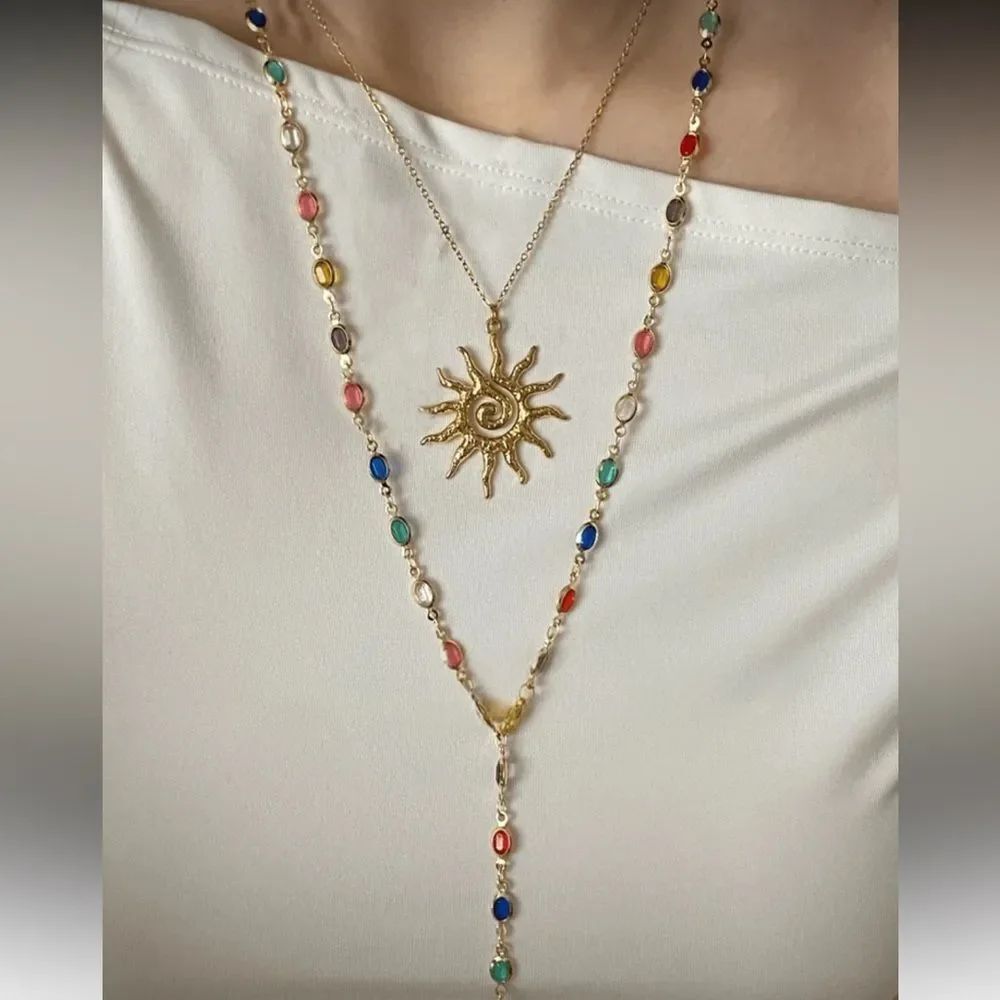 Gold Sun Pendant Necklace with Multicolor Beads R170